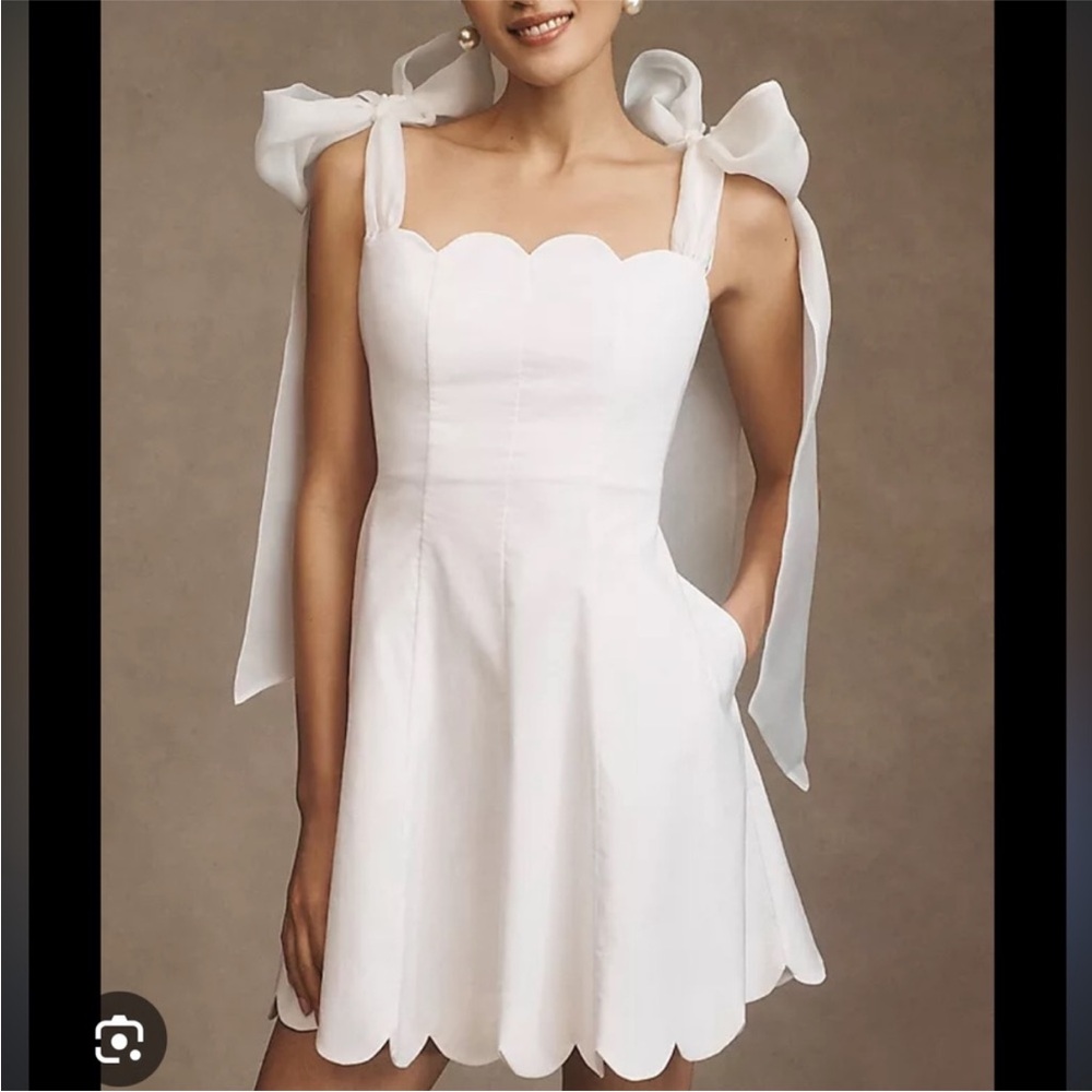 BHLDN White Scalloped Mini Dress with Shoulder Bows